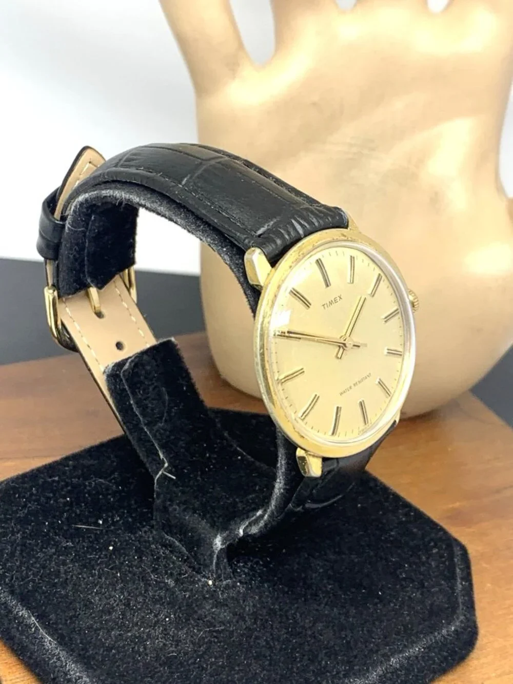 Timex Men's Watch Vintage Manual Wind Gold Dial Black Leather Strap 35mm